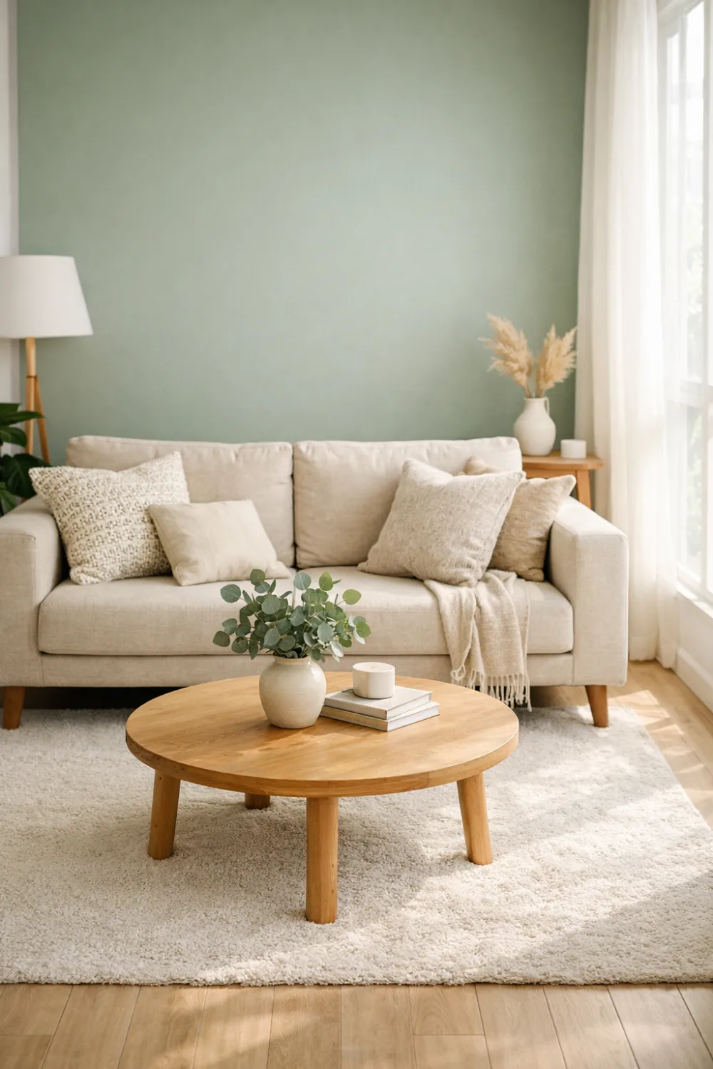 sage green accent wall living room decor with beige sofa neutral pillows wooden coffee table cozy minimalist modern home interior inspiration