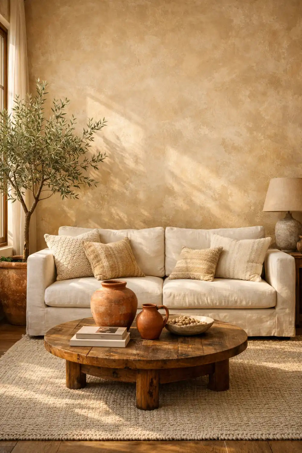 Modern limewash accent wall living room with neutral sofa, wooden coffee table, warm beige textured wall, modern minimalist home decor inspiration