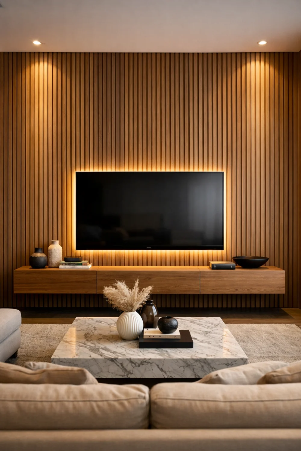 modern fluted TV wall panel design with LED backlighting and wood slat media wall in modern living room