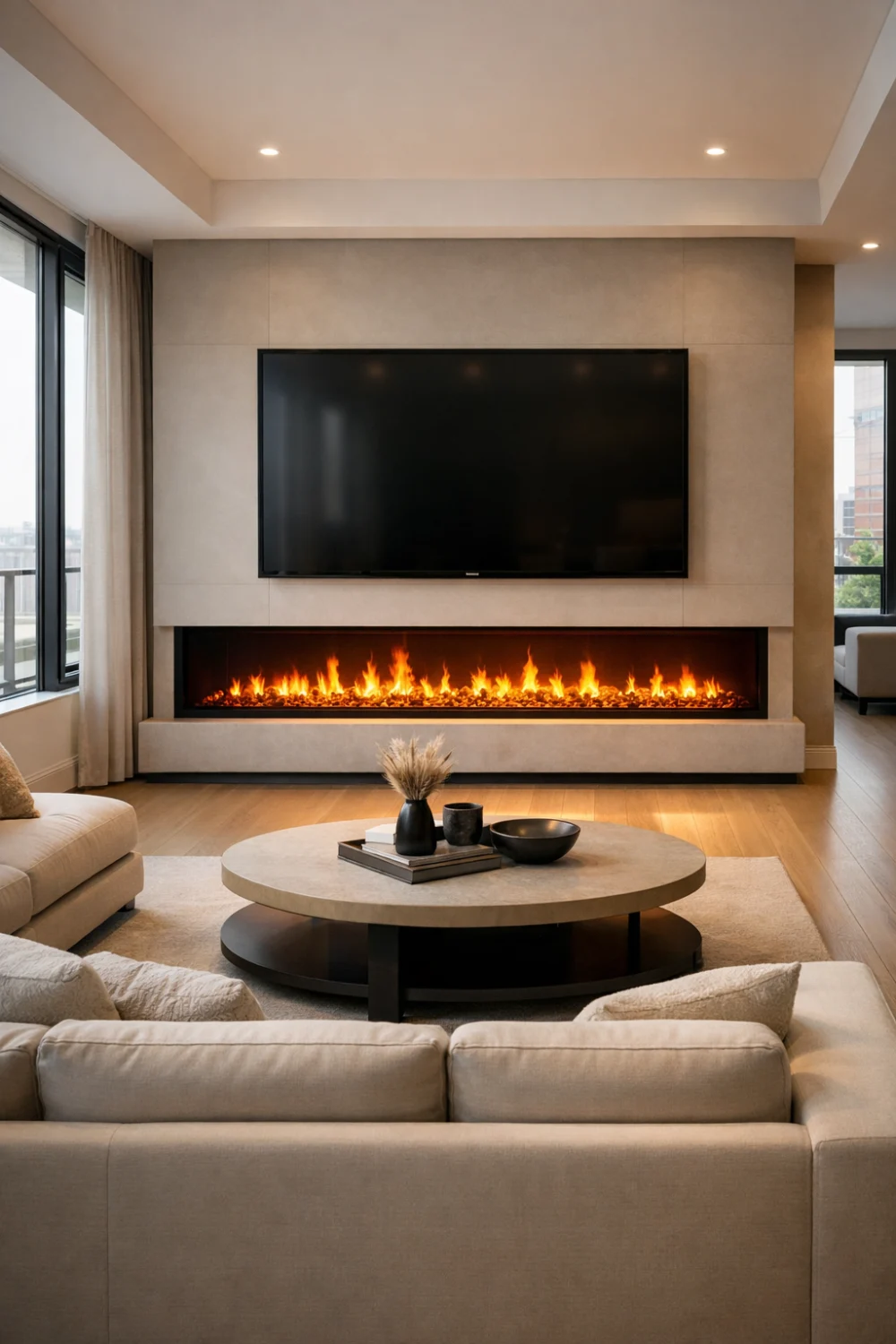 Modern living room with linear electric fireplace and TV above creating a sleek media wall with minimalist decor and warm cozy lighting.