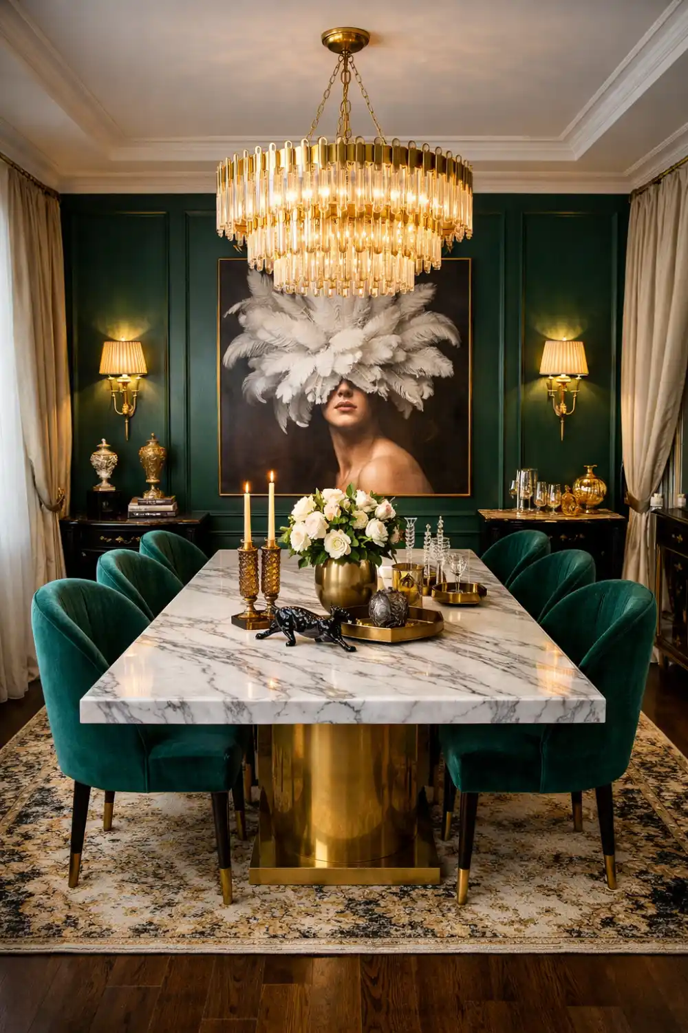 emerald velvet maximalist dining room with marble table gold chandelier dark green paneled walls luxury dining space with statement artwork and elegant decor