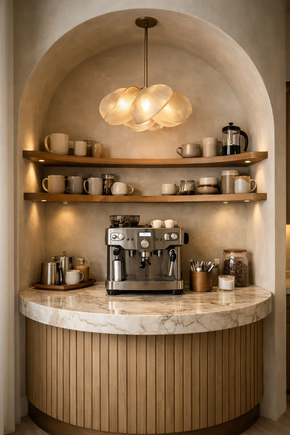 modern coffee bar nook with arched wall floating shelves mugs and espresso machine stylish kitchen coffee station
