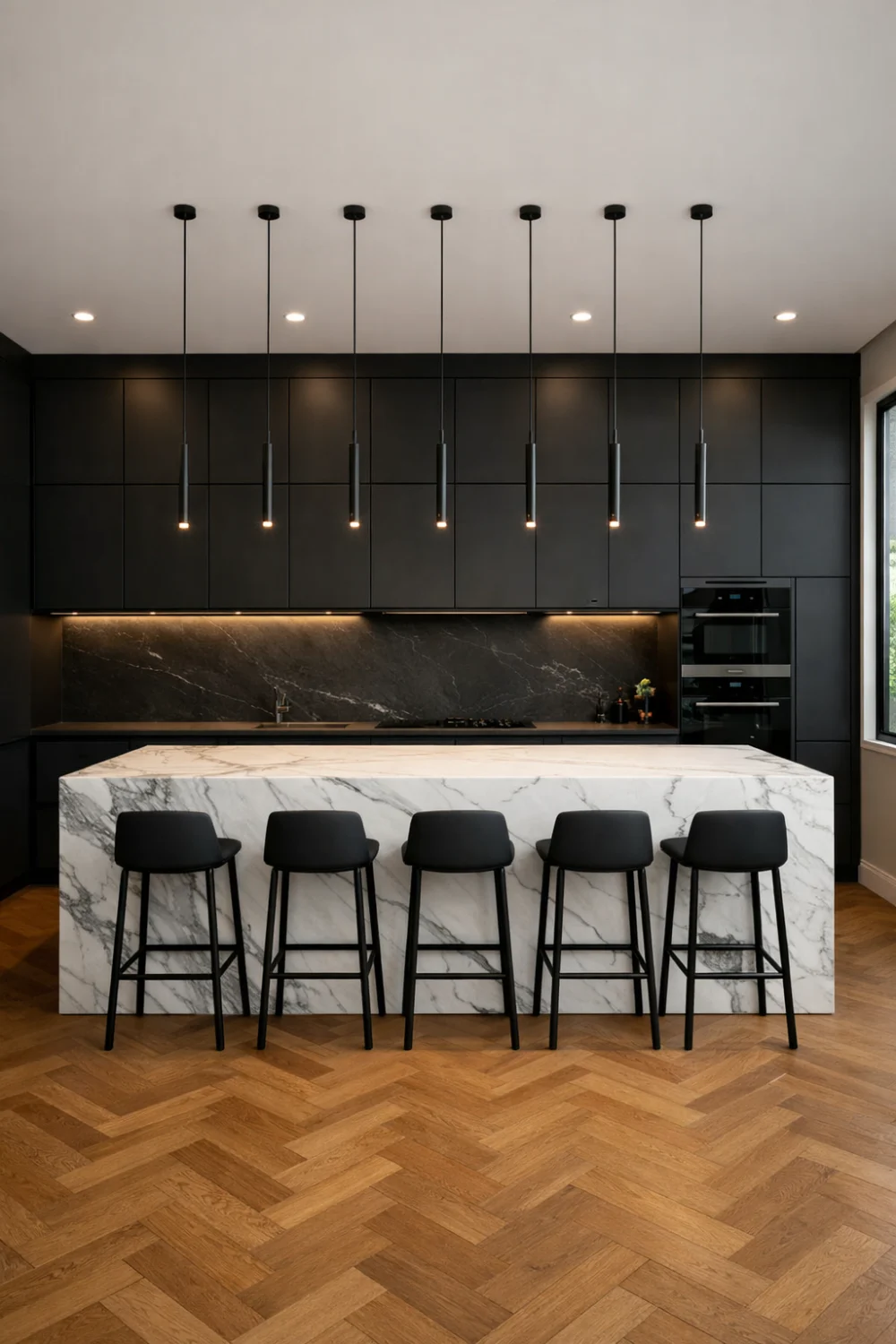Matte black modern dark kitchen with large white marble island, pendant lights, luxury cabinets, and warm wood flooring interior design inspiration.