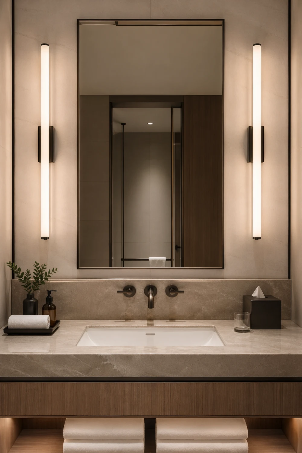 Modern bathroom with vertical LED light bars on both sides of mirror creating soft even lighting and a luxury hotel style vanity design