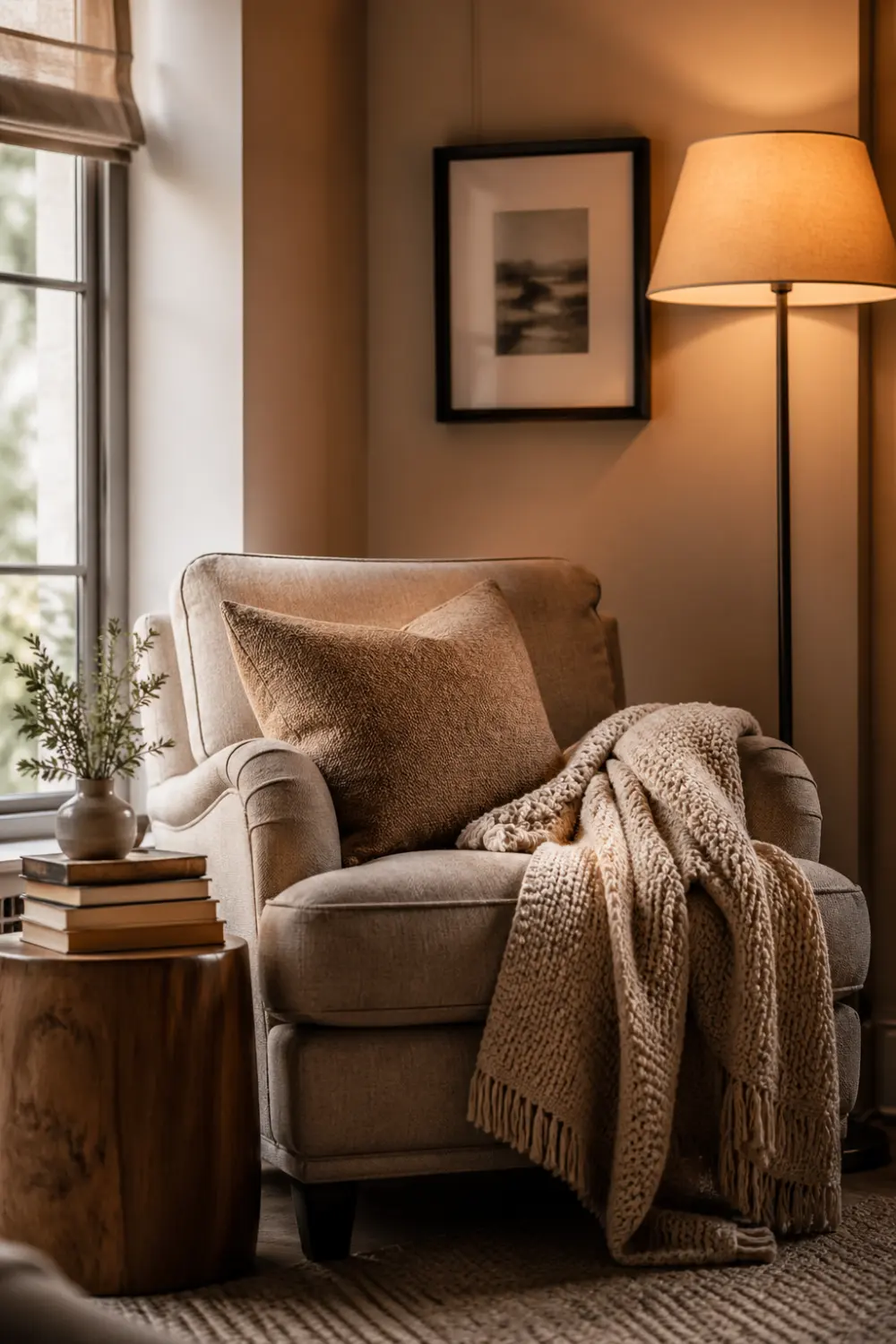 cozy reading nook corner with plush armchair soft knitted throw warm floor lamp glow wooden side table stacked books small plant near window neutral tones aesthetic small space decor