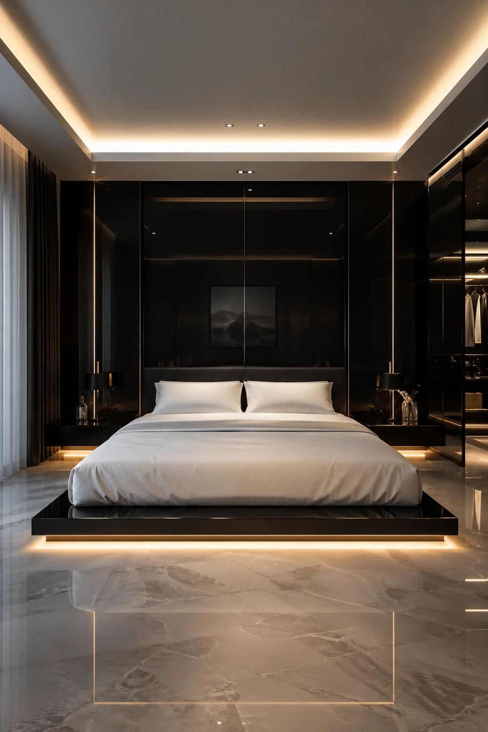 ultra modern bedroom aesthetic with LED lighting, floating bed underglow, glossy black wall panels, marble flooring, minimal luxury bedroom design, cinematic lighting, high end modern bedroom decor inspiration