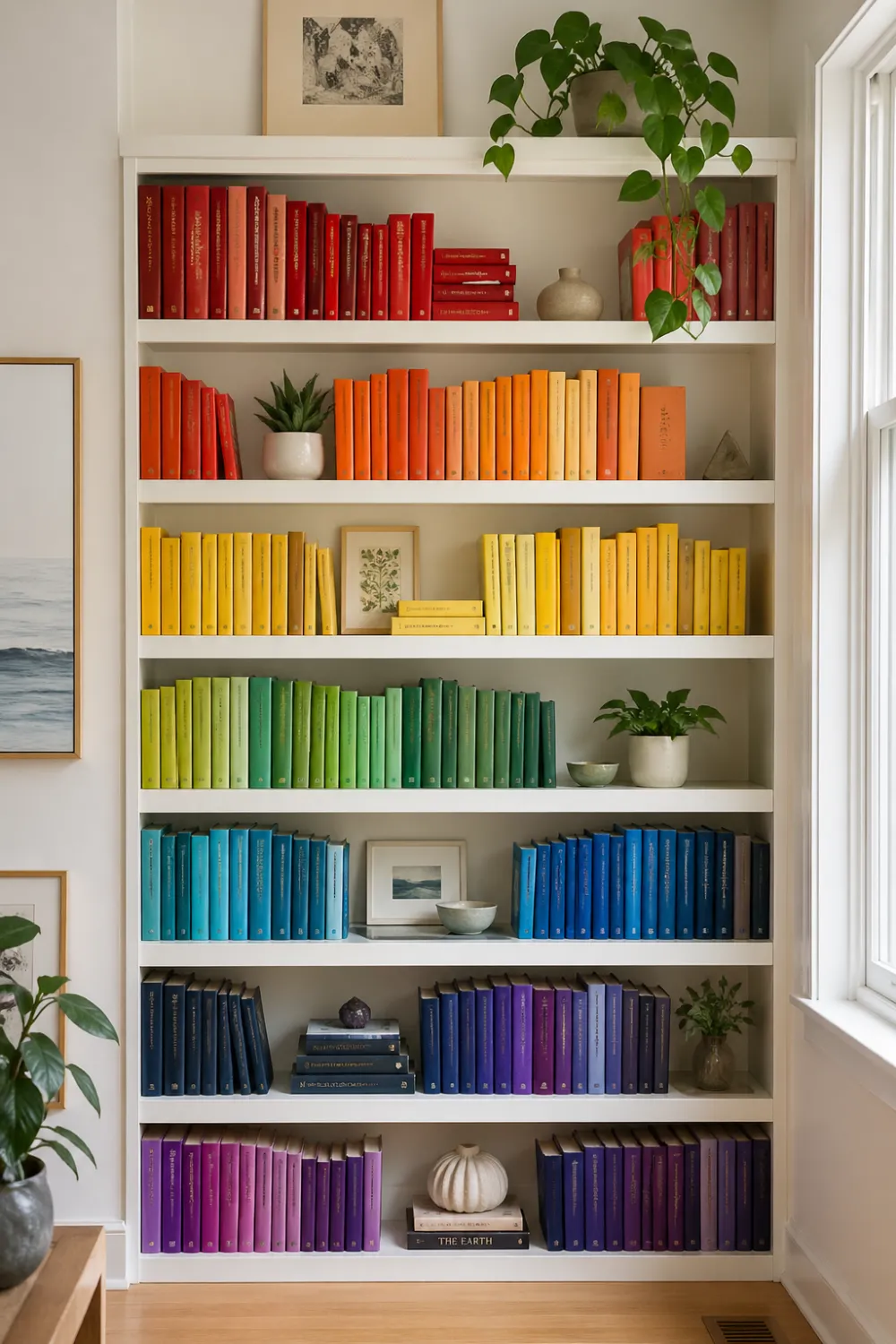 color coordinated rainbow bookshelf with smooth gradient book arrangement from red to violet, white modern shelving, minimal decor accents, indoor plants, bright natural lighting, aesthetic colorful bookshelf styling idea for modern home decor inspiration