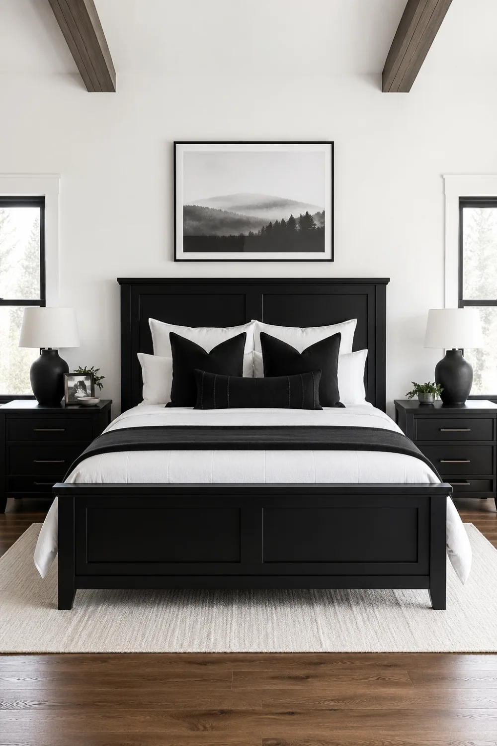modern farmhouse bedroom with black wooden bed frame, crisp white bedding, black accent pillows, matching nightstands with lamps, symmetrical layout, neutral rug, clean white walls, exposed wooden ceiling beams, minimalist decor, high-end interior design