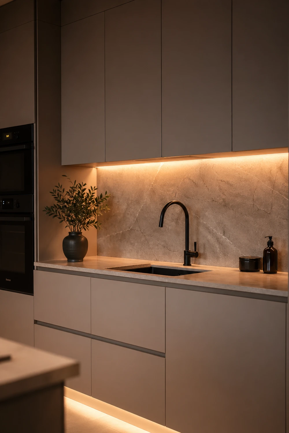 modern minimalist kitchen with handleless beige cabinetry, warm under cabinet LED strip lighting illuminating marble backsplash, soft ambient glow reflecting on quartz countertop, built-in appliances, cozy luxury kitchen design with warm lighting tones