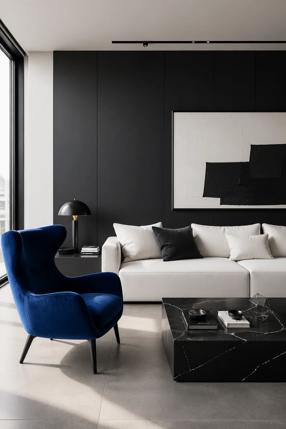 modern black and white living room with bold blue accent chair, minimalist white sofa, black wall panels, marble coffee table, contemporary lighting, clean lines, modern eclectic interior design