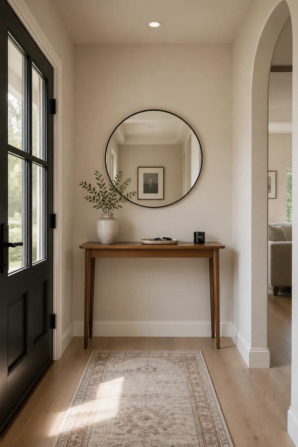 small entrance hall ideas with slim console table, round wall mirror, wooden narrow entry table styling, neutral beige hallway decor, modern minimalist entryway with vase, tray, and soft natural light creating a bright and spacious look