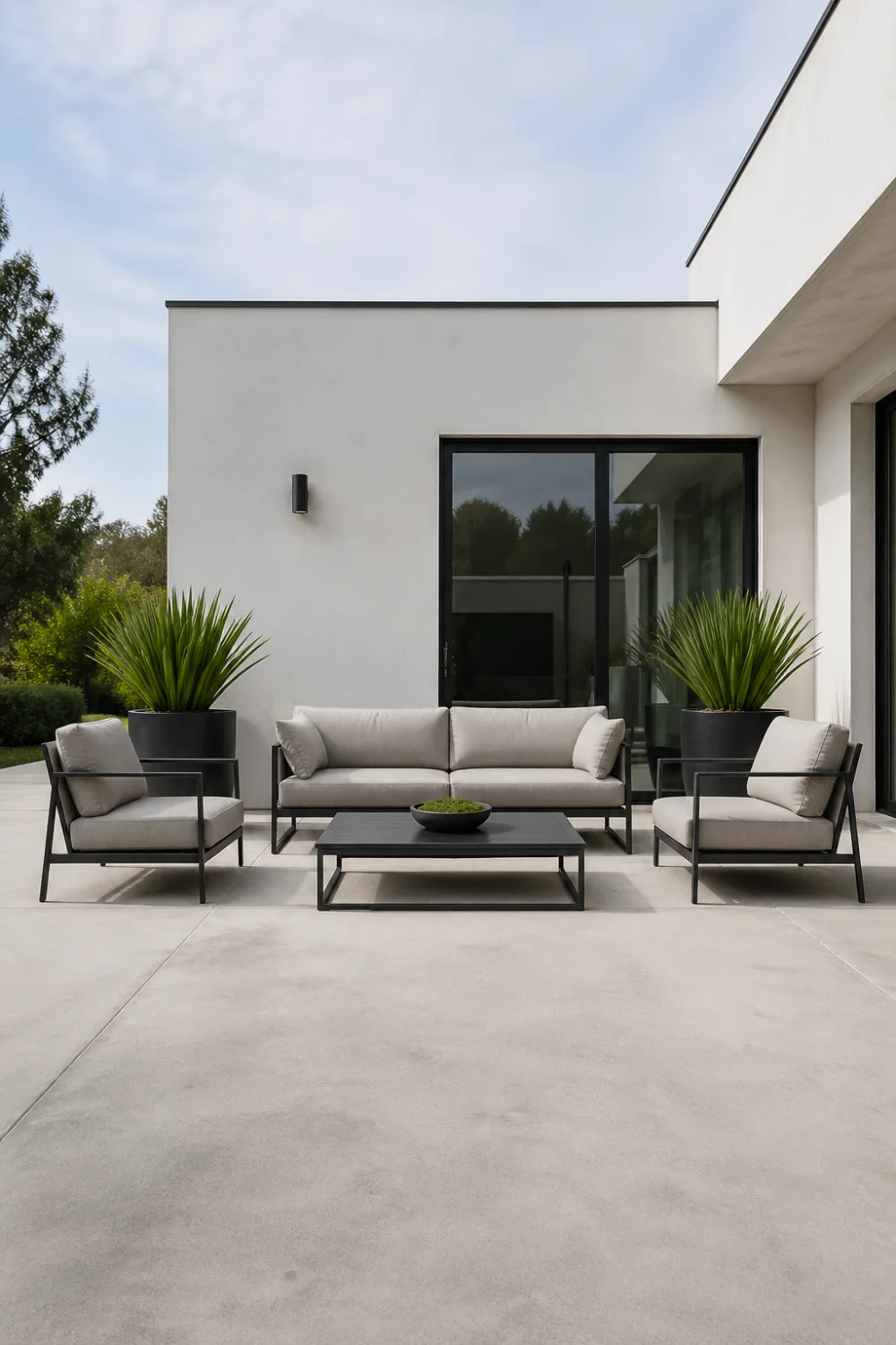 modern minimalist concrete patio with neutral beige sofa set and matching armchairs, black metal frame outdoor furniture, low rectangular coffee table, large matte black planters with green plants, clean white wall background, smooth concrete slab flooring, balanced symmetrical layout, contemporary outdoor living space design