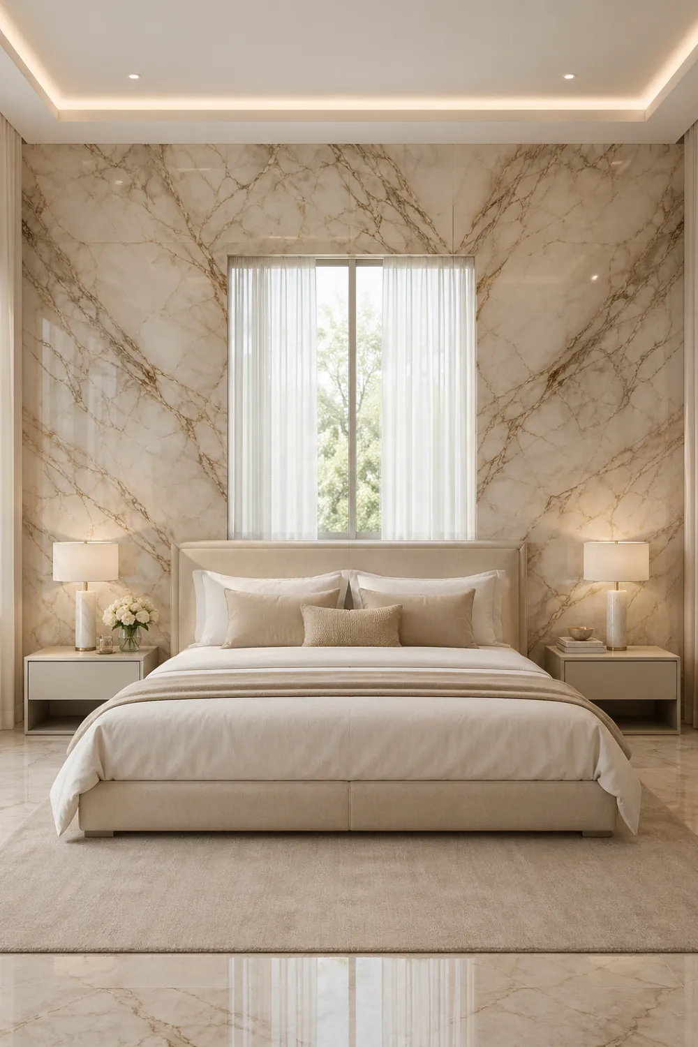 Luxury marble bedroom accent wall with centered window, soft sheer curtains, neutral bedding, warm lighting, and symmetrical modern interior design