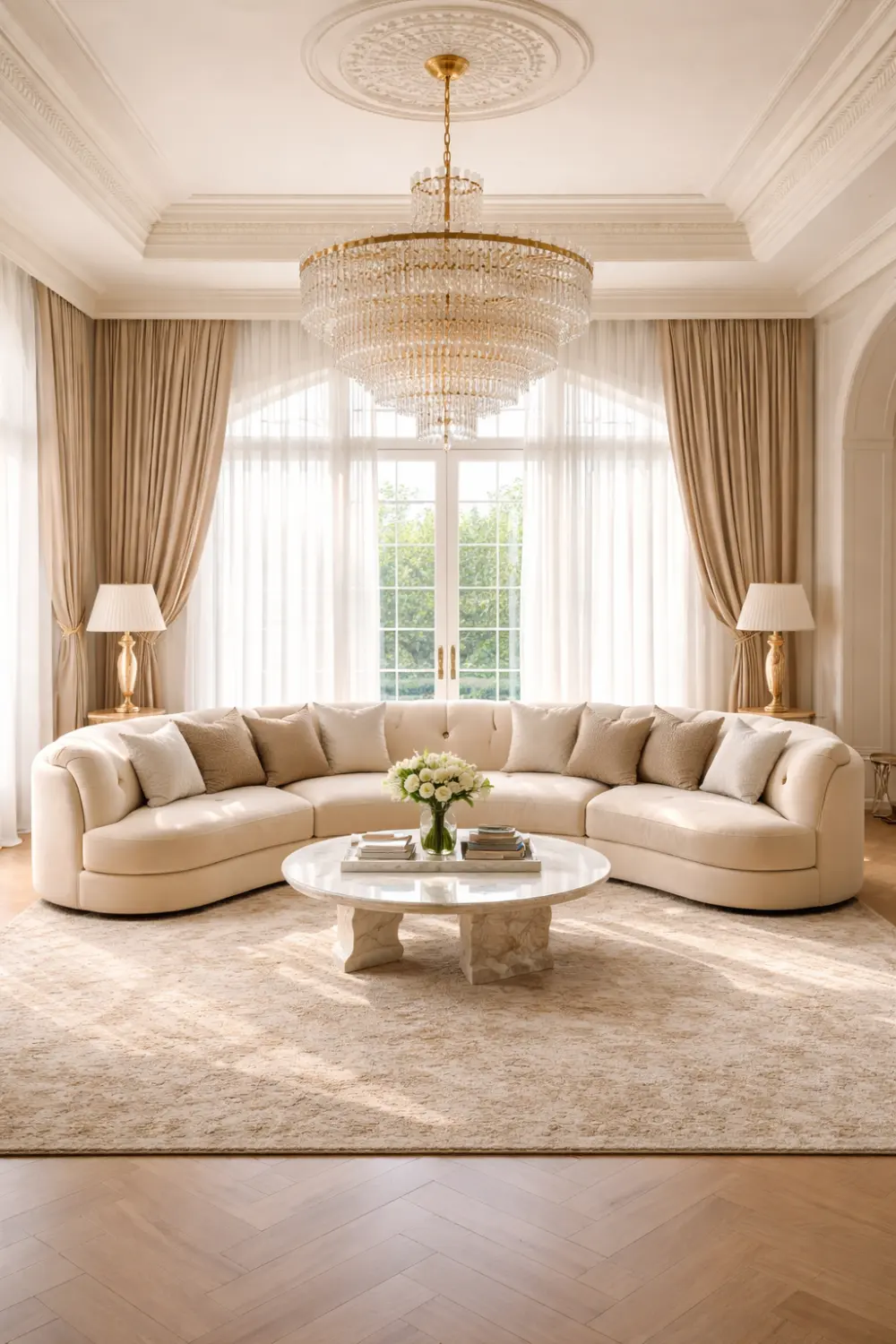 curved sectional sofa in luxury neutral living room with round coffee table and soft decor