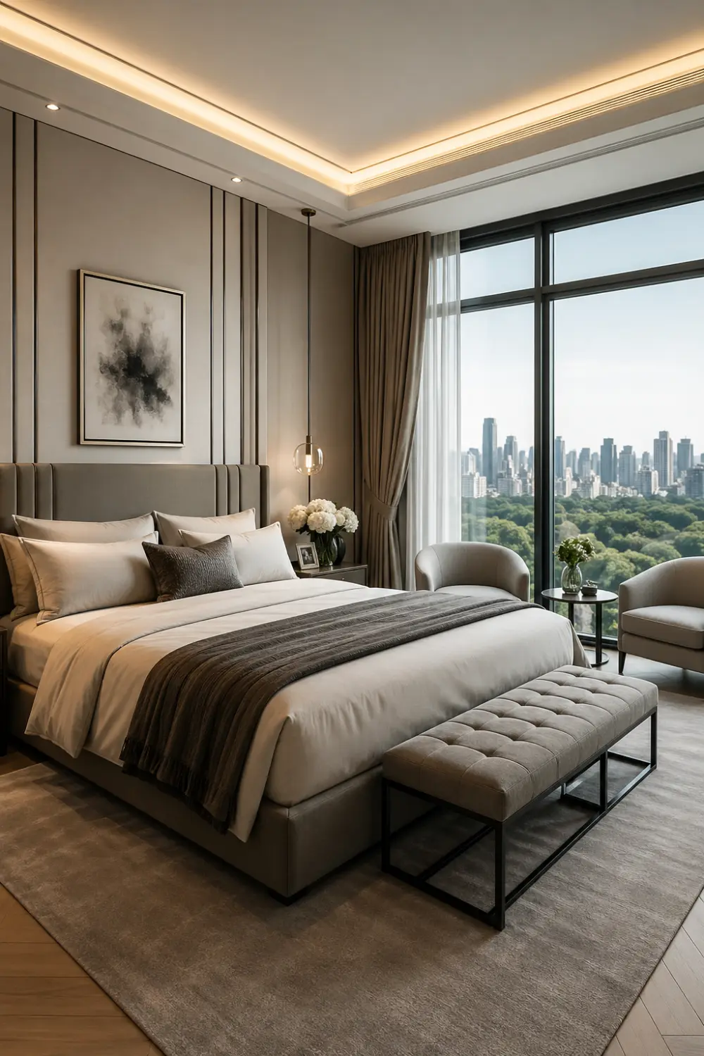 modern beige black luxury bedroom design, neutral beige tones with black accents, upholstered headboard bed, layered bedding with cushions, soft ceiling lighting, symmetrical bedside tables with lamps, wall panel design, clean modern interior, high end hotel style bedroom, bright and balanced lighting, clutter free elegant space