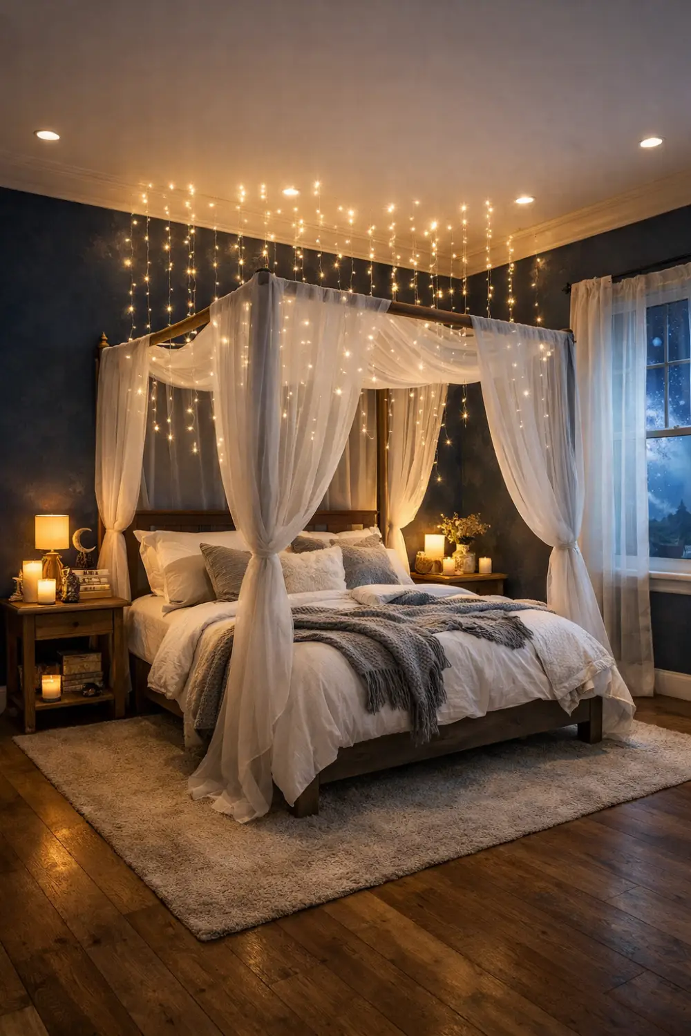 celestial bedroom with starry string lights canopy bed warm cozy lighting dreamy night sky decor