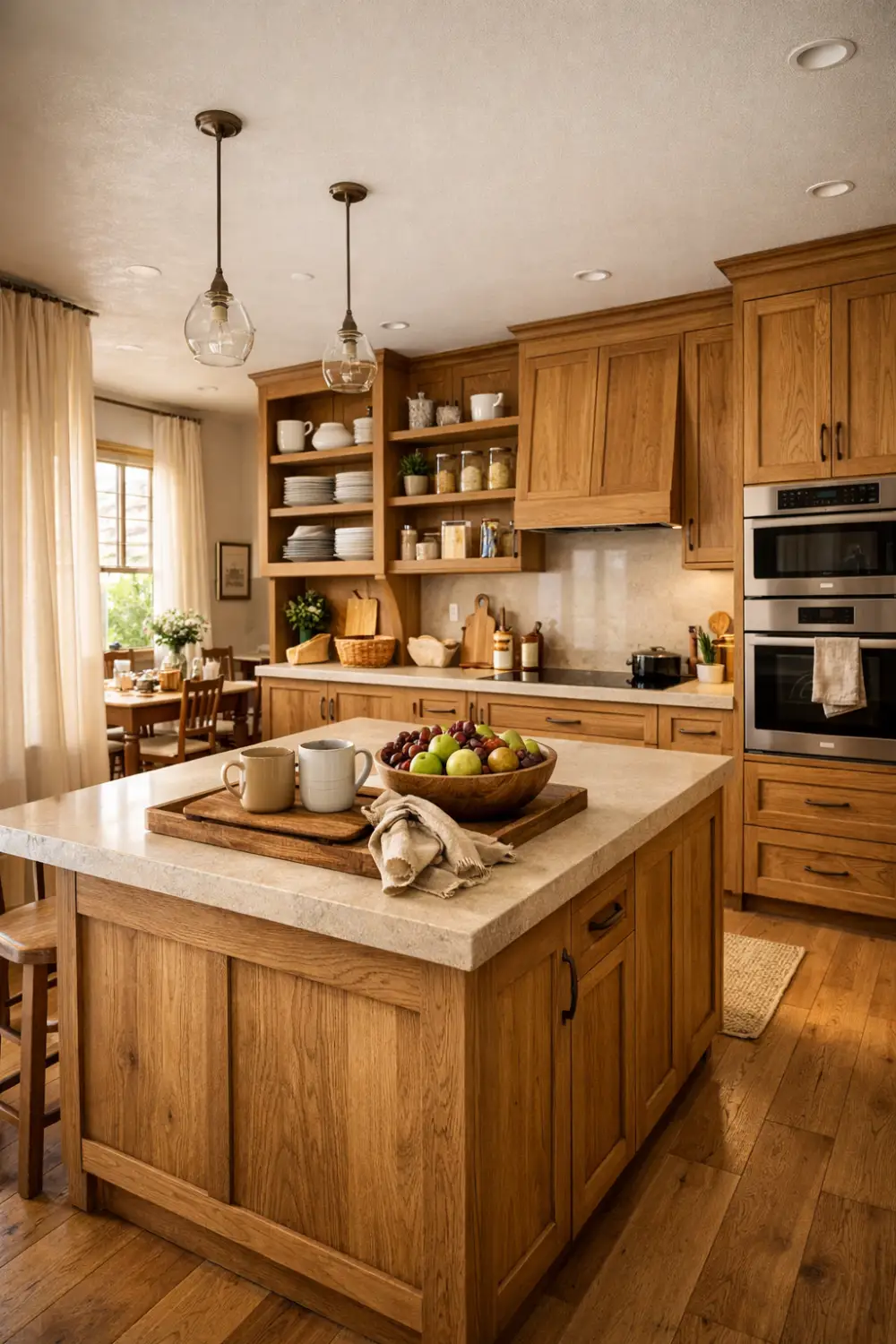 Warm oak kitchen with open shelving, neutral decor, wooden island, soft natural light, cozy modern kitchen design with earthy tones and natural textures