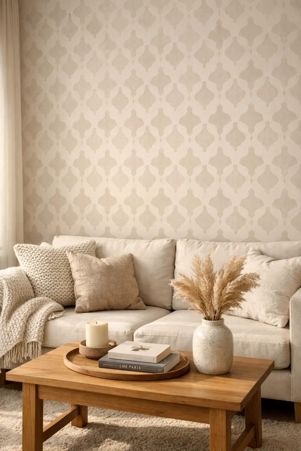 peel and stick wallpaper accent wall neutral living room beige sofa cozy decor renter friendly interior design modern apartment aesthetic