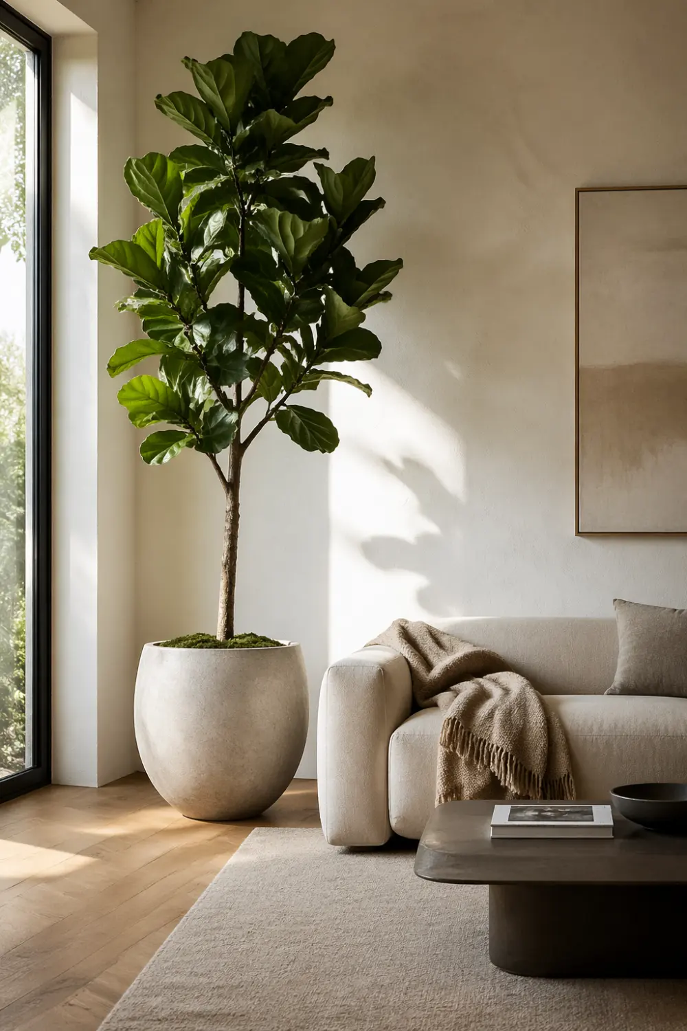 large fiddle leaf fig in oversized planter modern living room decor minimalist indoor plant styling