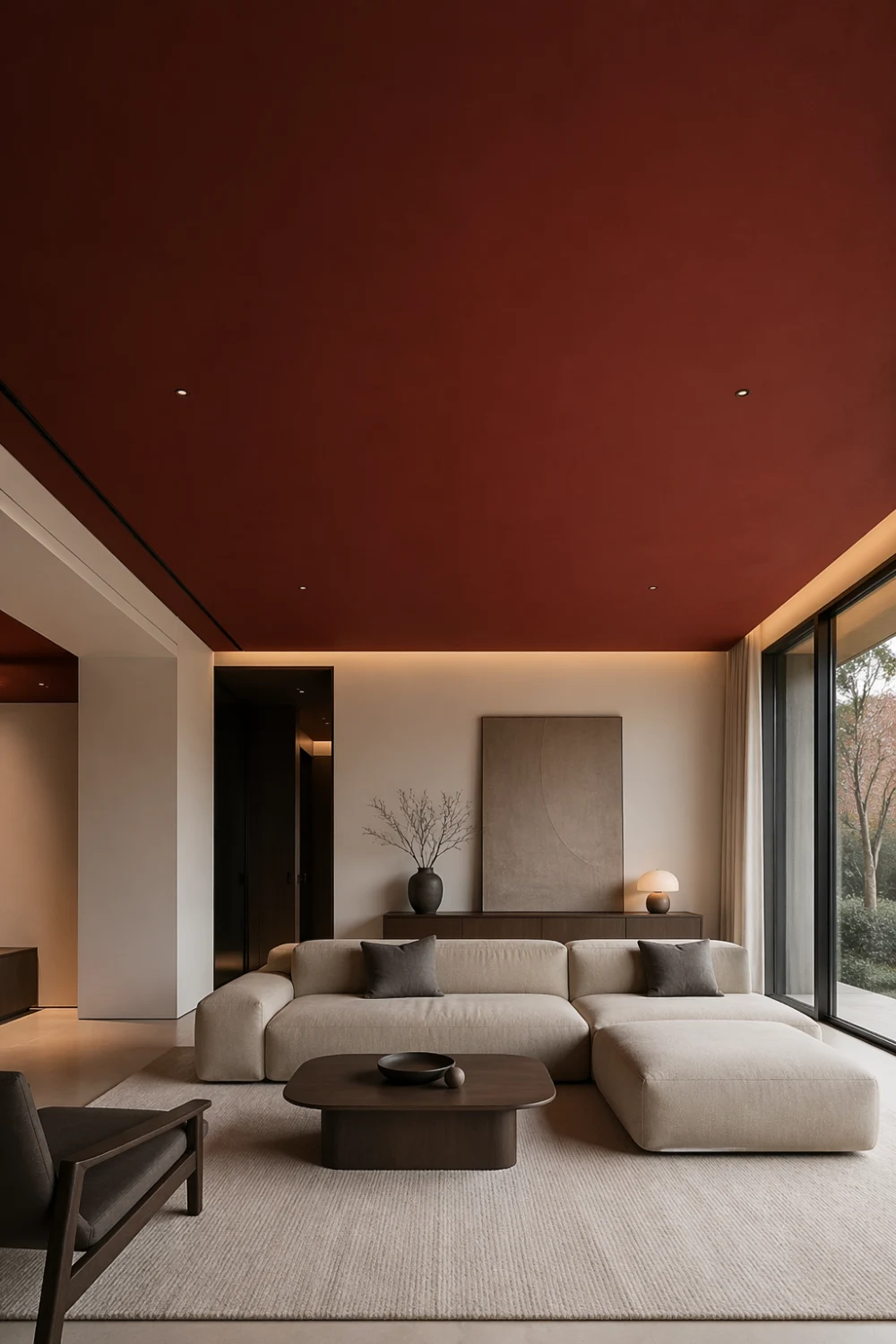 modern living room with deep cherry red painted ceiling, neutral sectional sofa, warm ambient lighting, minimalist decor, luxury modern interior, bold statement ceiling design idea