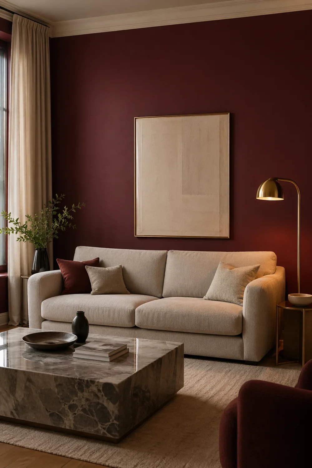 deep cherry red accent wall living room beige fabric sofa gold floor lamp marble coffee table warm lighting cozy modern luxury interior design