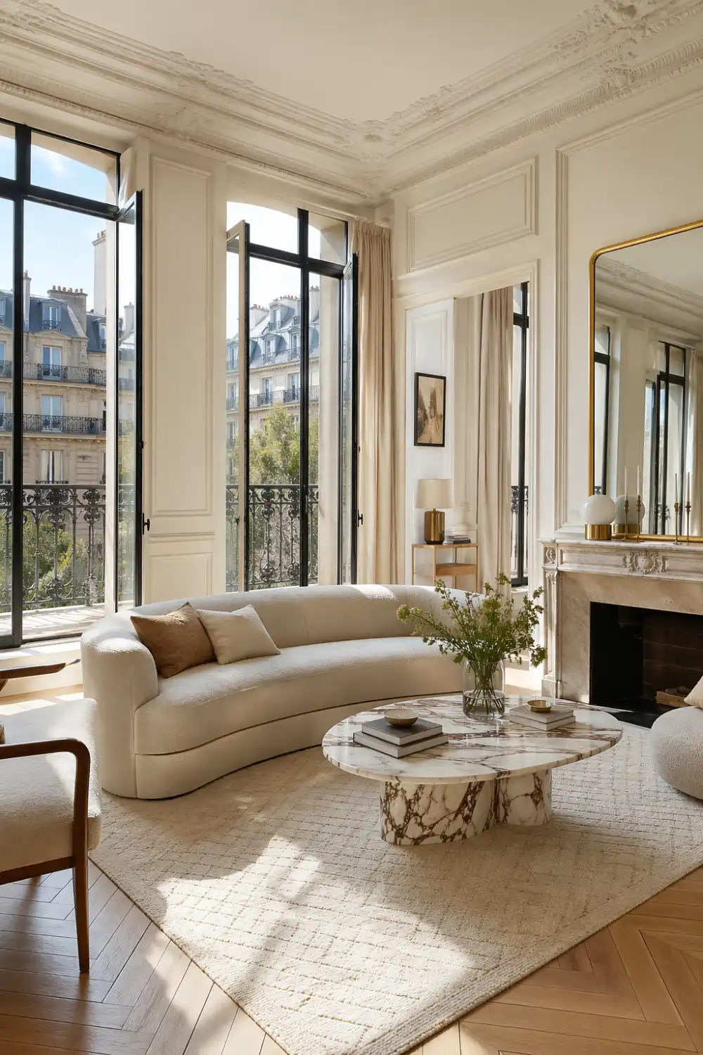Parisian French country living room with tall windows, curved cream sofa, marble coffee table, neutral tones, elegant molding and natural sunlight