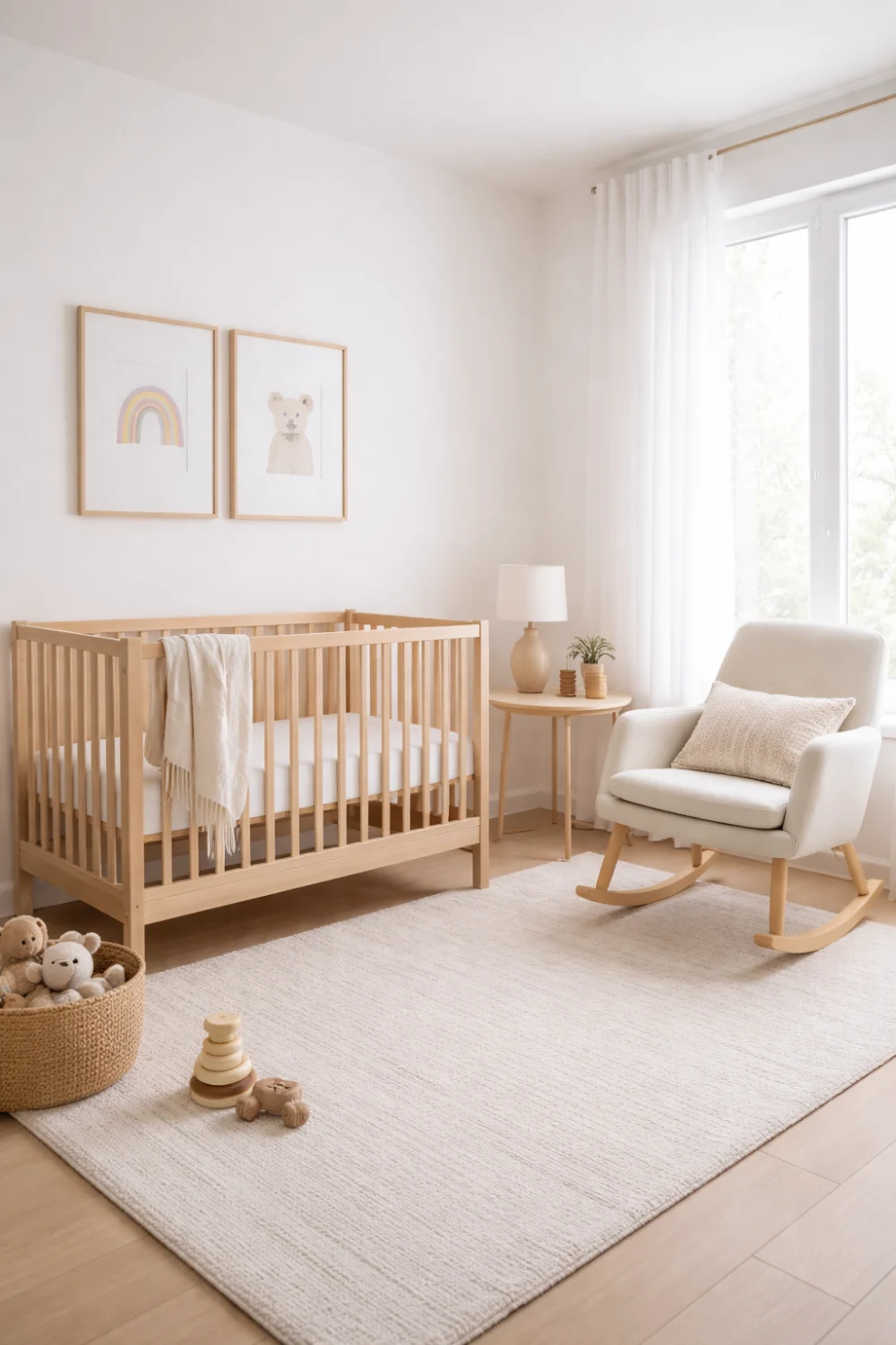 Scandinavian nursery decor with wooden crib, minimalist wall art, rocking chair, neutral rug, and bright natural light creating a calm modern baby room.