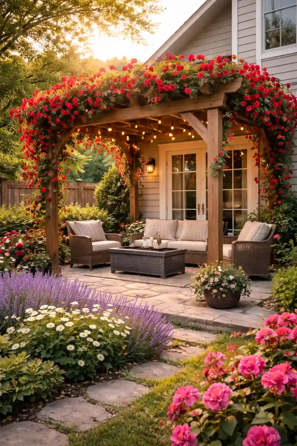 Wooden backyard pergola covered with climbing red roses and string lights creating a romantic garden seating area.