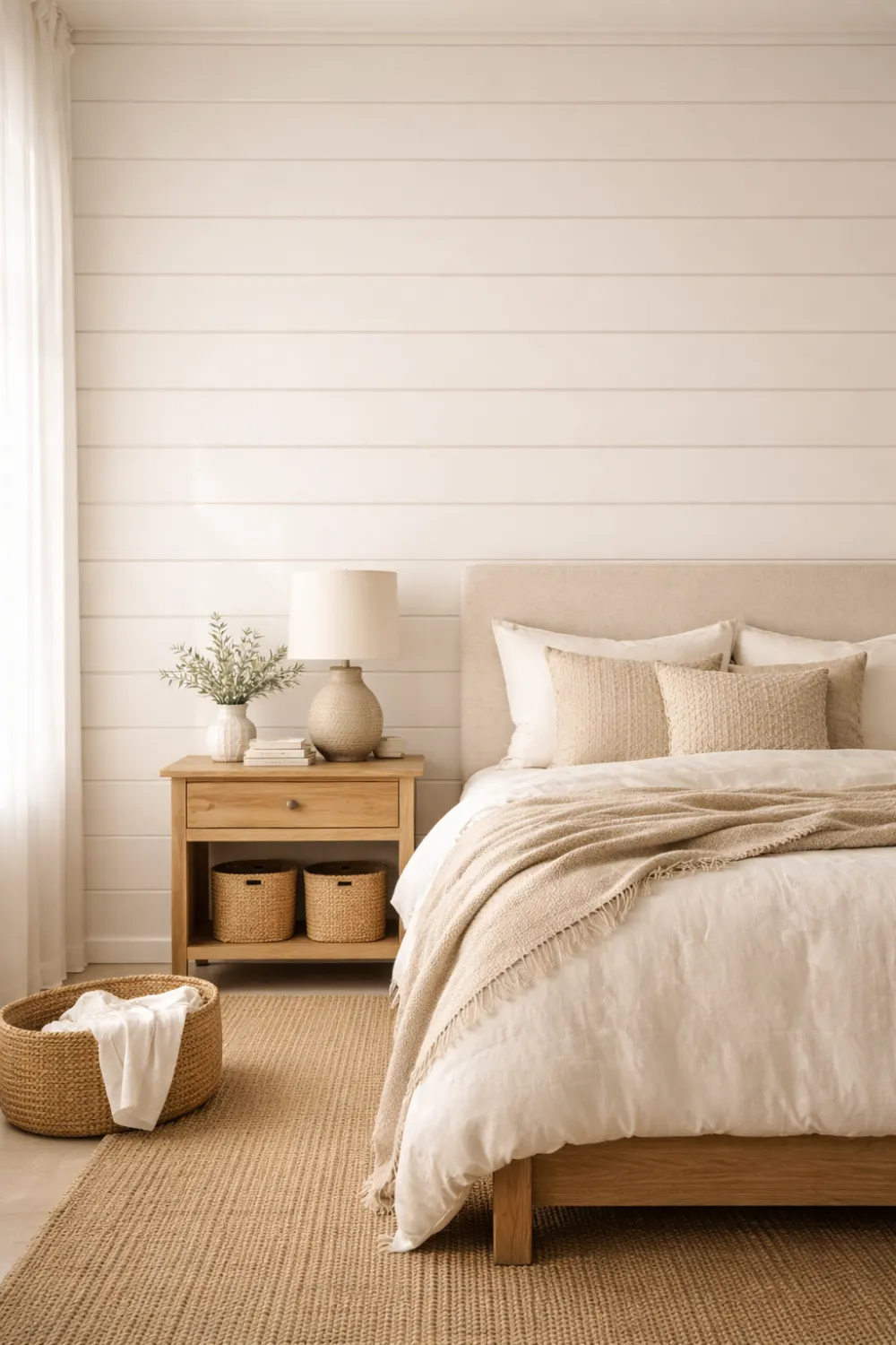 Bright farmhouse bedroom interior with white shiplap wall panels behind the bed, horizontal wooden boards creating subtle texture, neutral bedding and warm wood furniture in a cozy modern farmhouse space.