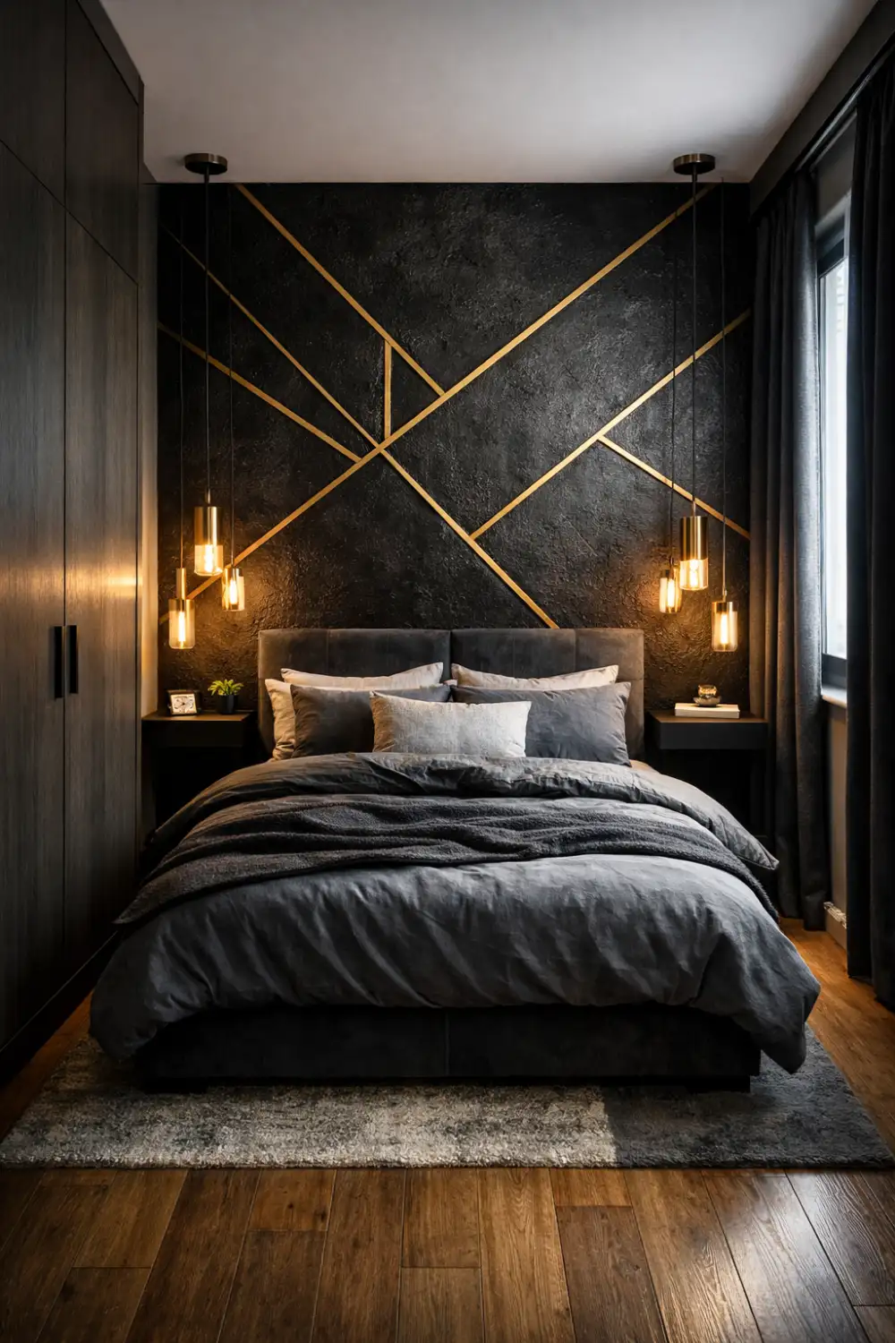 tiny bedroom with black and gold accent wall modern luxury small bedroom design