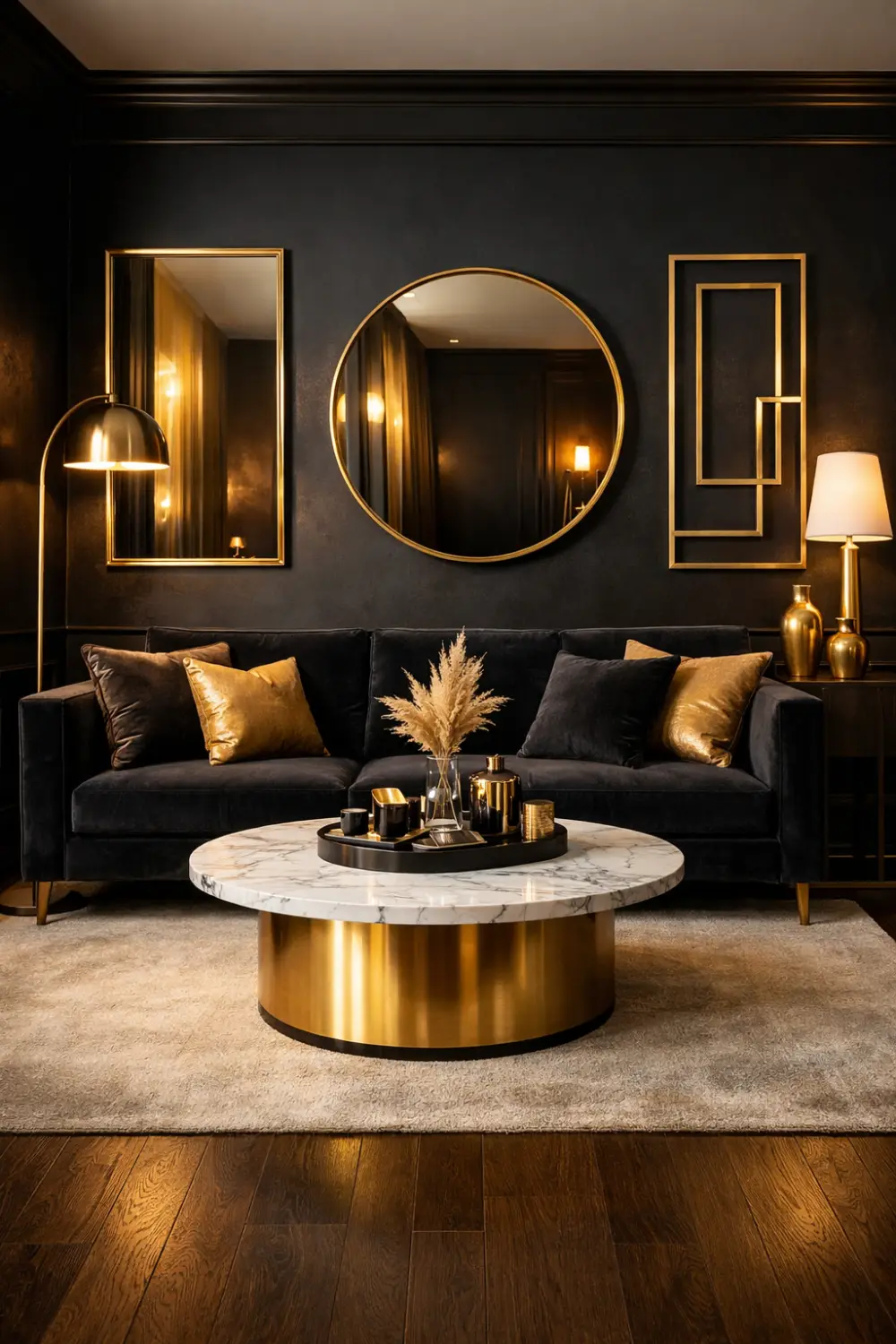 black and gold living room luxury decor marble coffee table dark velvet sofa modern elegant interior design inspiration