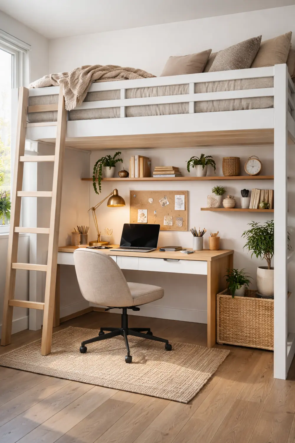 loft bed workspace nook with desk underneath small apartment office setup compact home office design