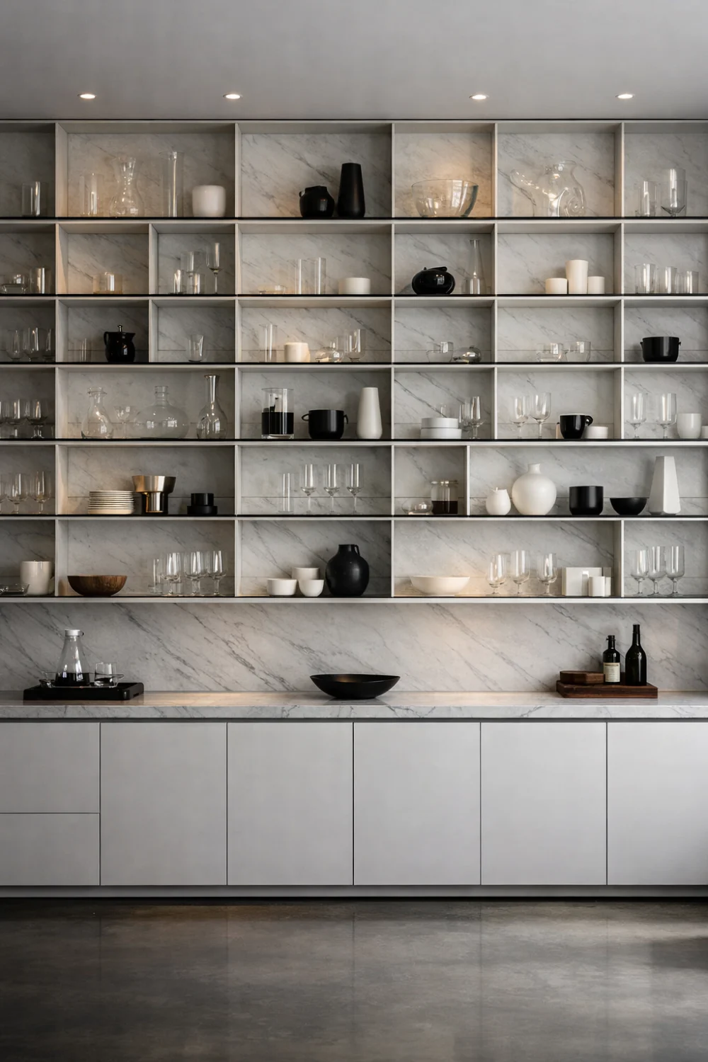 Modern minimalist kitchen wall grid shelving system displaying glassware ceramics and decor neatly arranged in structured compartments on a marble backdrop.