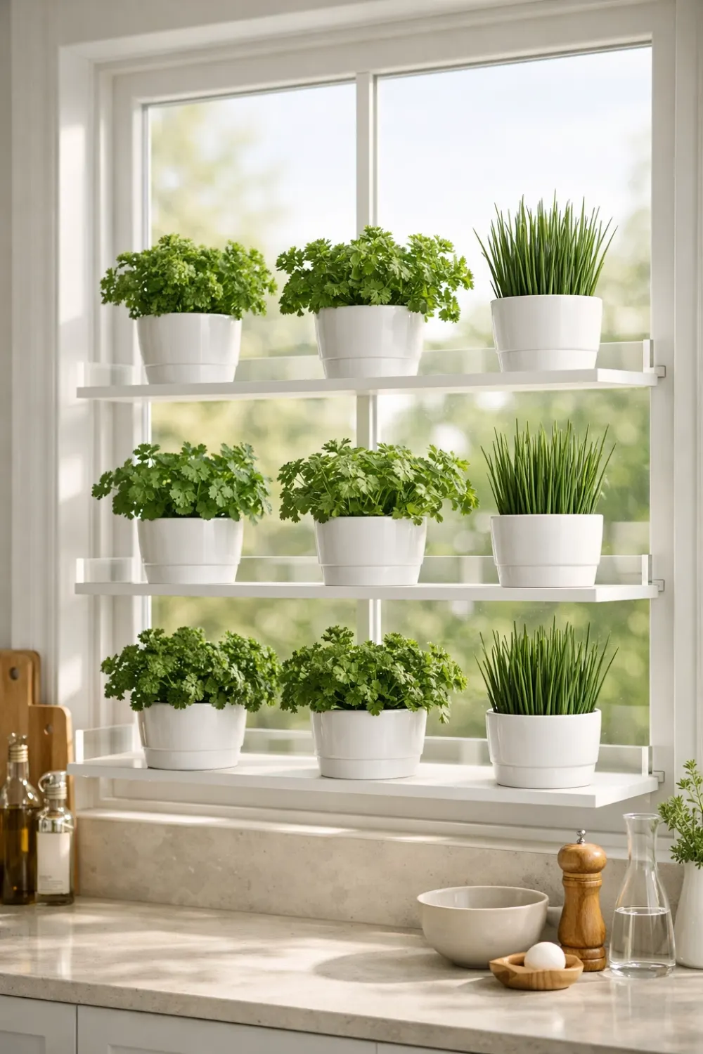 Bright window shelf herb garden with multiple white pots growing parsley basil and chives on sunny kitchen window shelves, beautiful indoor herb garden idea