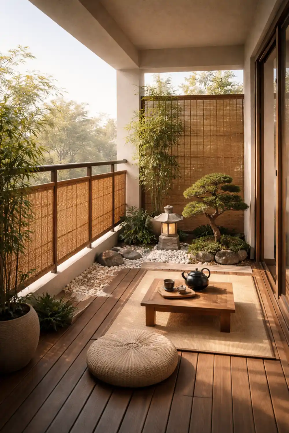 japanese zen balcony garden decor with bamboo bonsai stone lantern peaceful small balcony meditation space