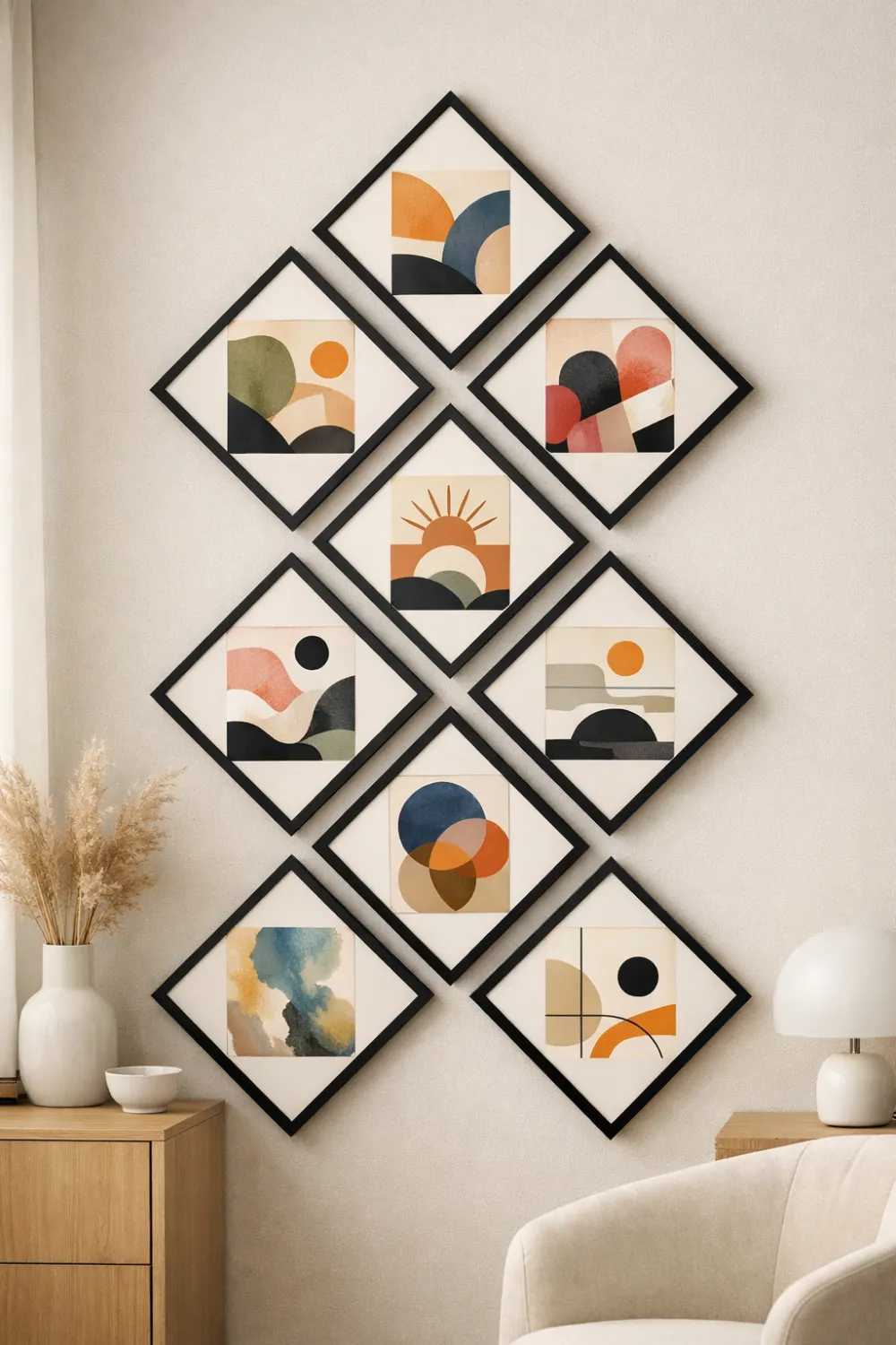 Diamond layout gallery wall with square frames rotated at an angle forming a striking geometric wall decor design