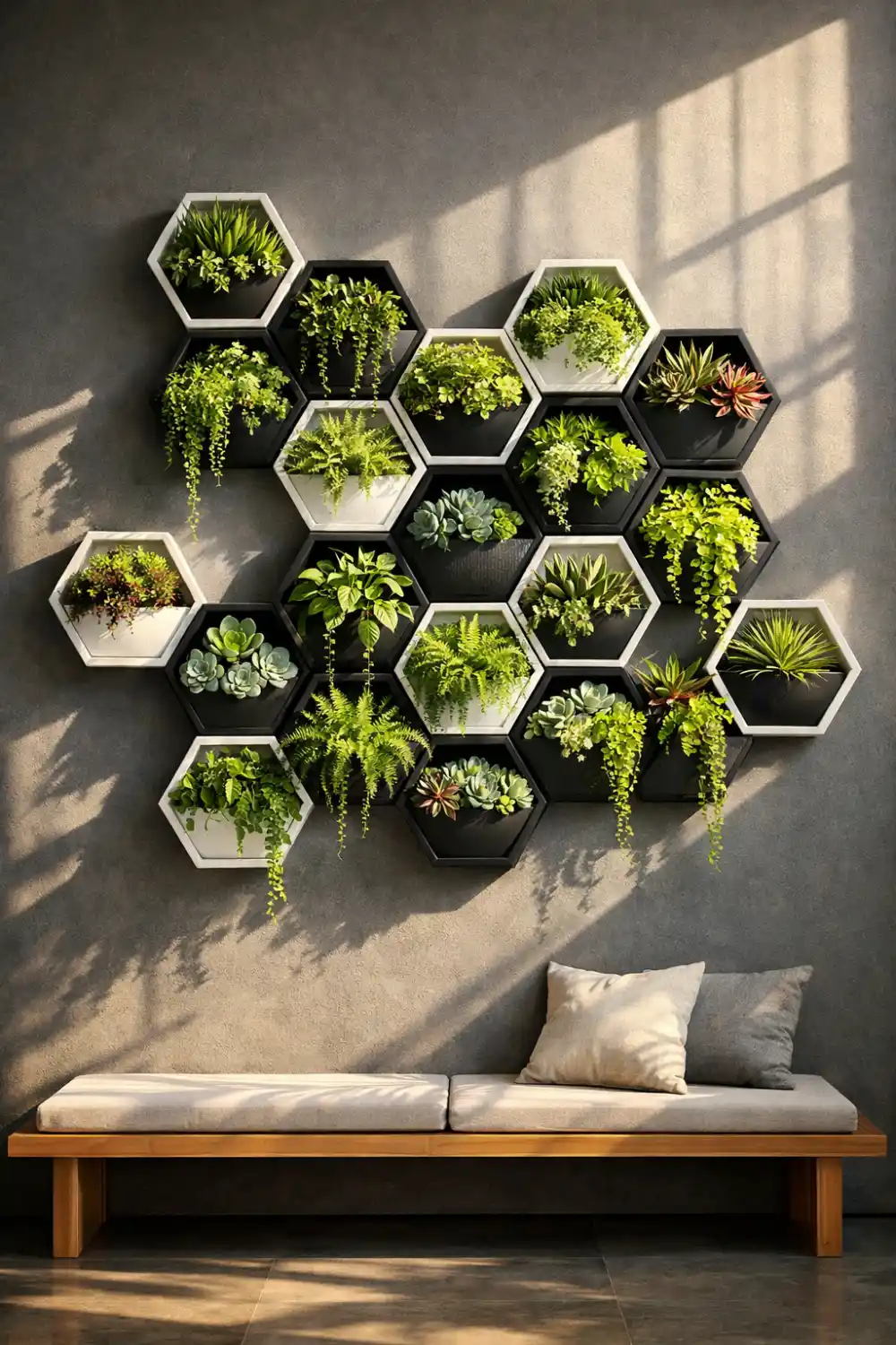 Geometric hexagon wall planters arranged in a modern pattern creating a stylish vertical garden wall.