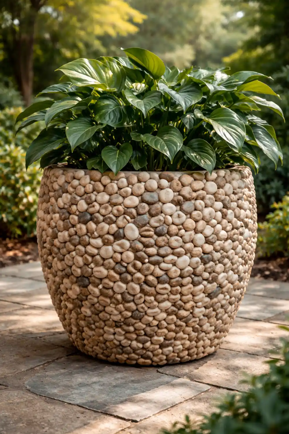 DIY stone covered planter idea with natural pebbles turning basic plant pot into luxury garden stone planter