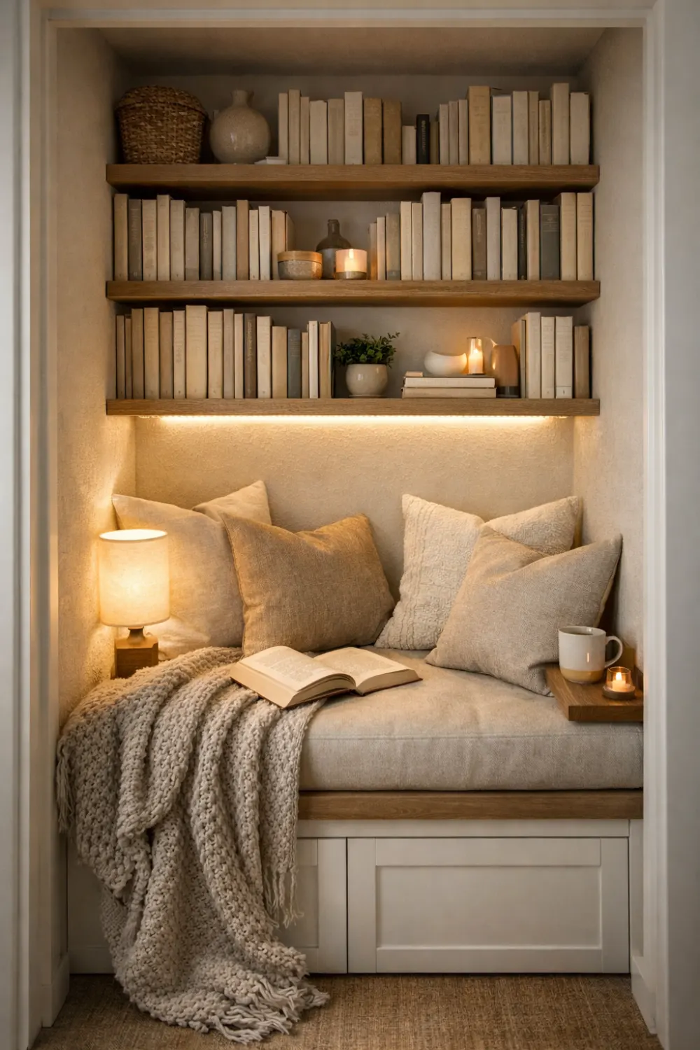 closet reading nook with built in bench shelves pillows cozy small reading corner idea