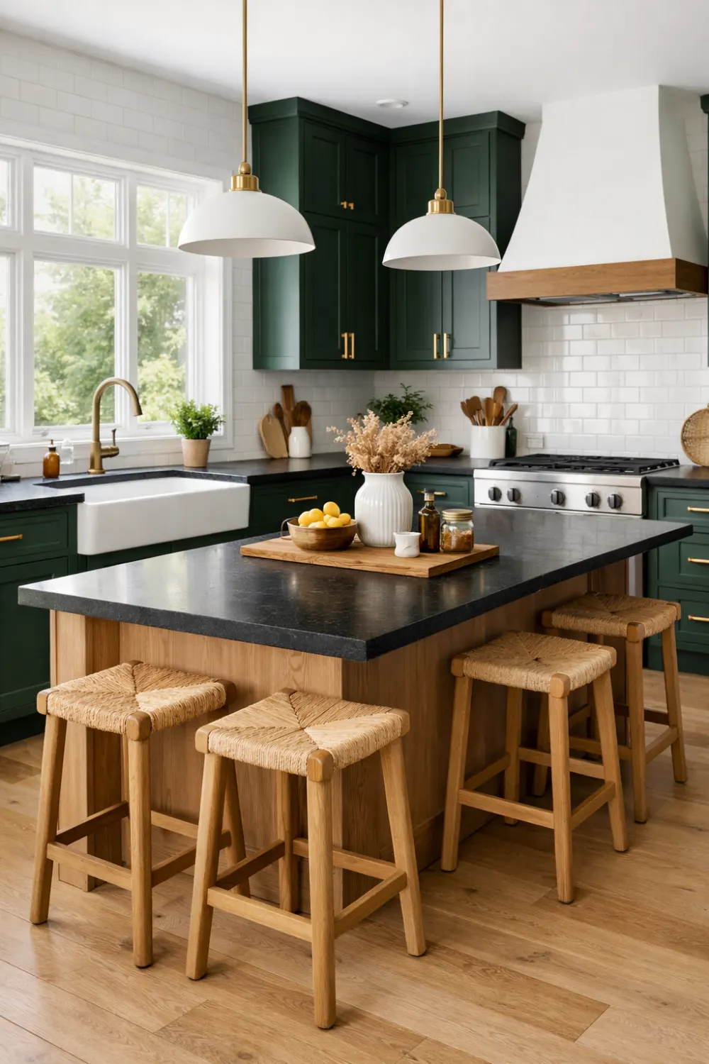 Modern cottage kitchen with deep green cabinets, dark stone countertops, wooden island, and farmhouse style design.