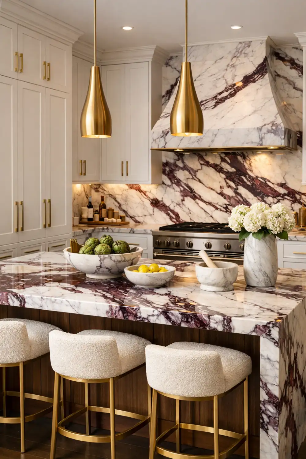 Viola marble kitchen with gold accents, luxury island, pendant lighting, and modern elegant interior design