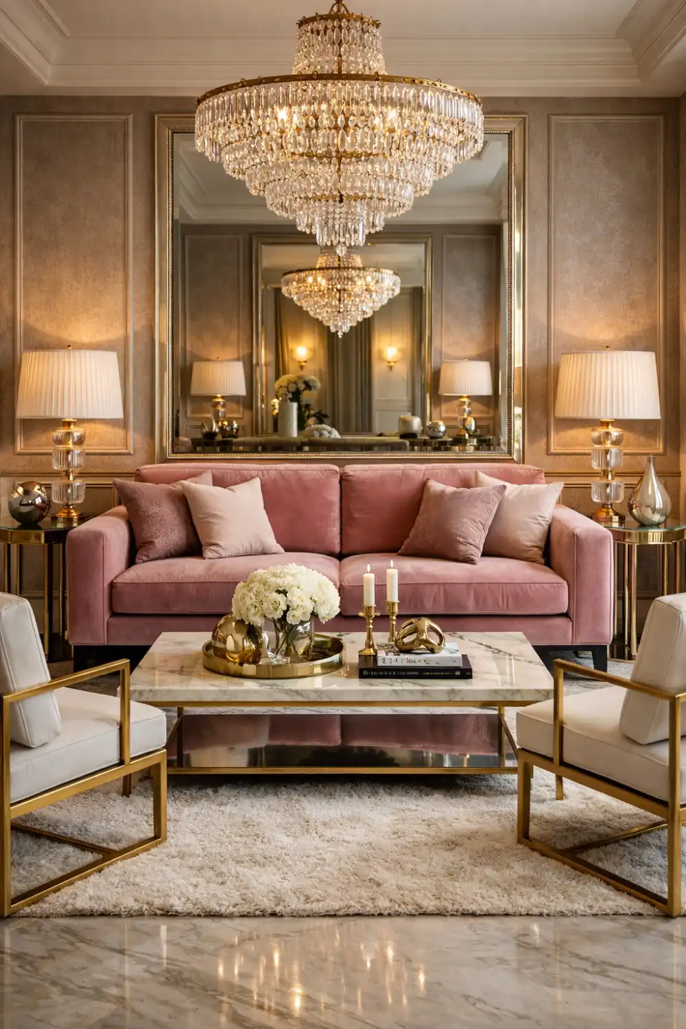 glam living room blush sofa gold accents chandelier luxury decor ideas