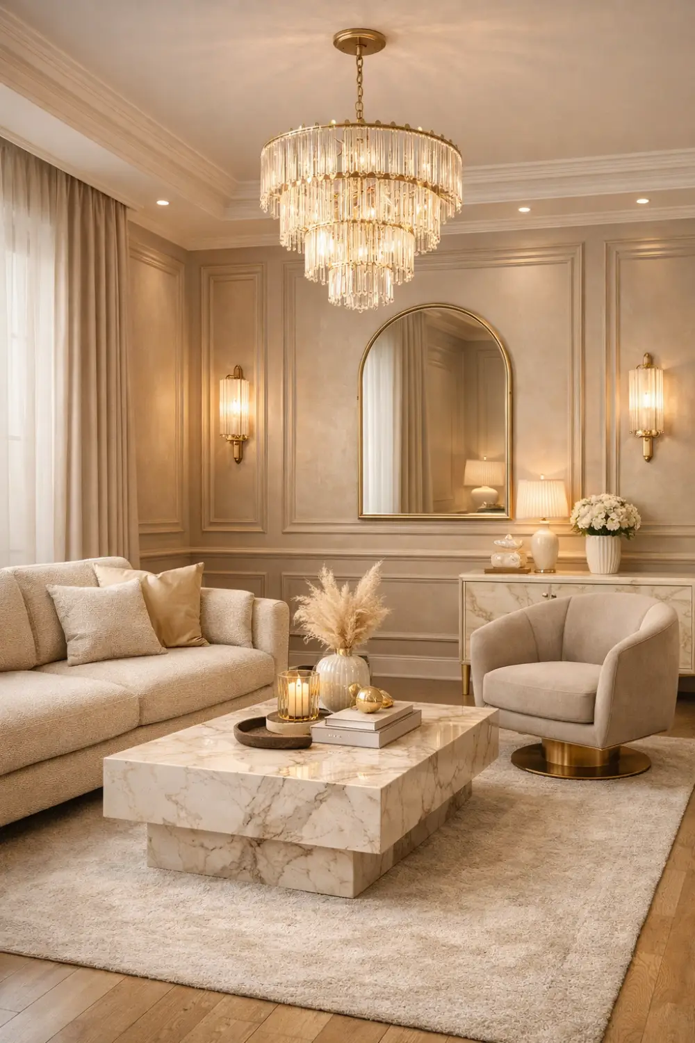 Classic luxury small living room with crystal chandelier, marble coffee table, elegant wall molding, and neutral sofa creating a timeless designer interior.