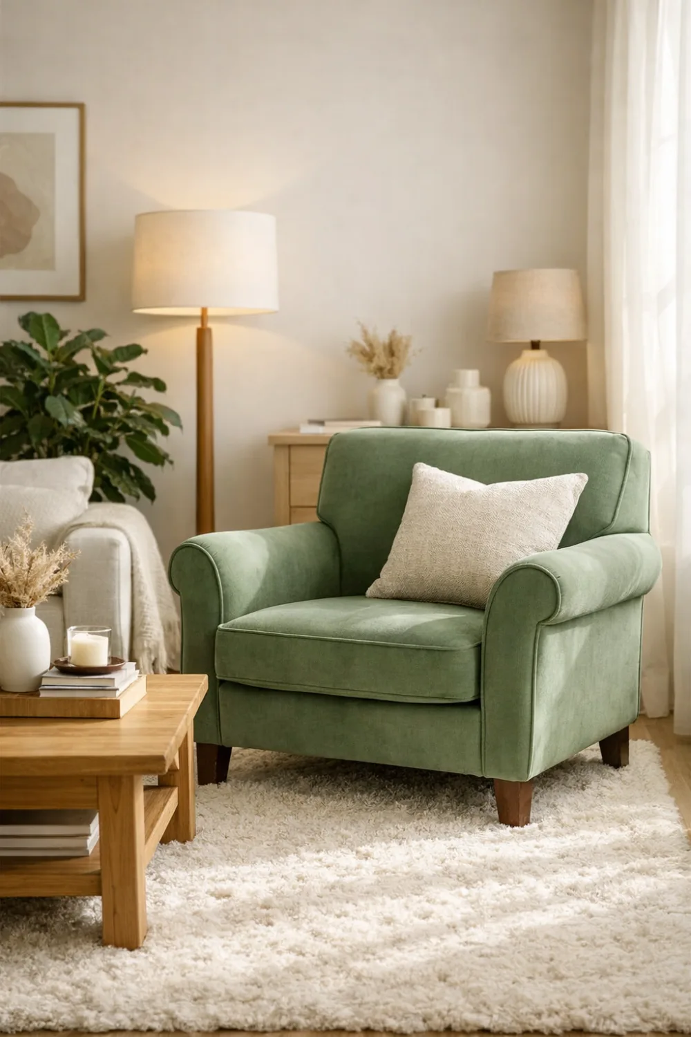 sage green accent chair decor cozy reading corner neutral living room modern home styling inspiration