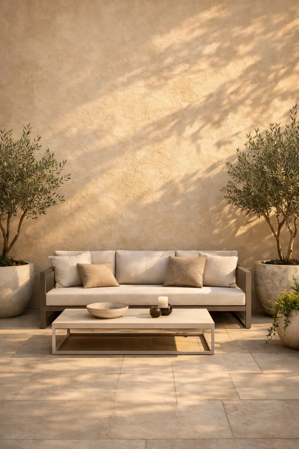 Modern outdoor patio limewash wall with minimalist sofa, olive trees in planters, and warm textured exterior wall design