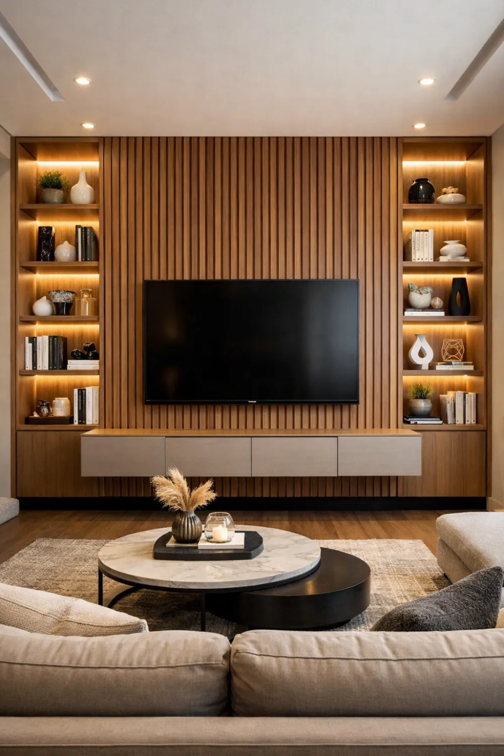 fluted media wall with built in shelves and modern TV unit design