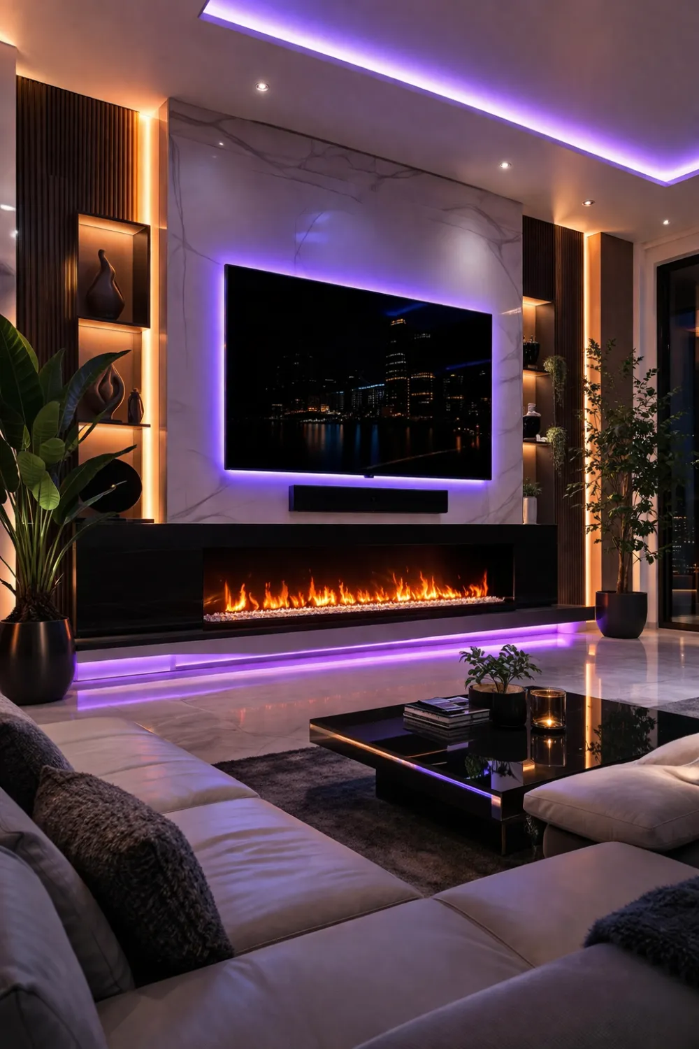 Modern LED backlit electric fireplace wall with TV above creating futuristic living room design.