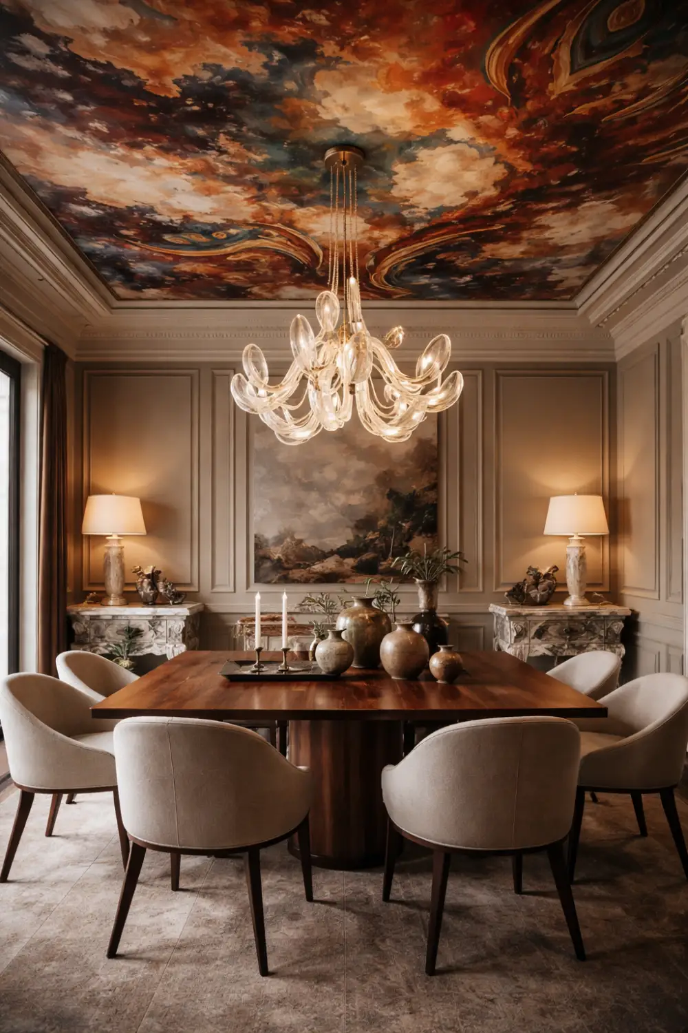 dramatic ceiling maximalist dining room with painted mural ceiling glass chandelier wooden table and classic wall paneling