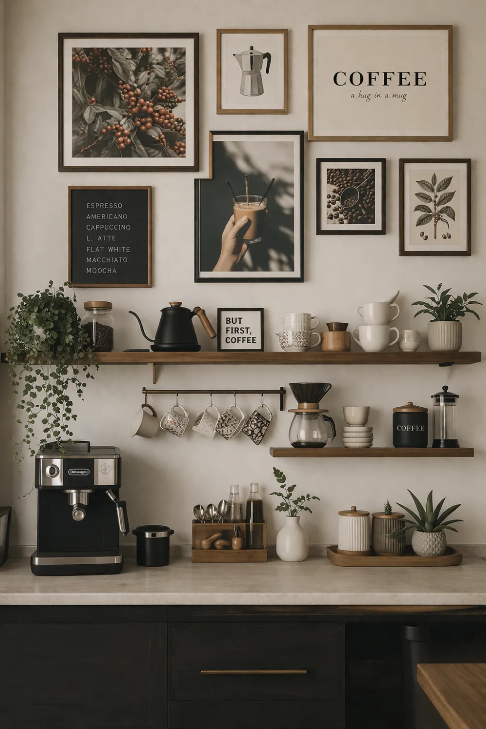 coffee bar gallery wall decor with framed coffee art shelves mugs espresso machine kitchen coffee station