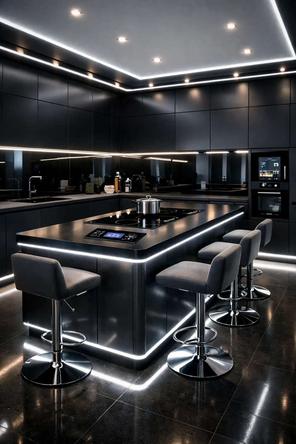 Futuristic dark smart kitchen with LED lighting island, black cabinets, modern bar stools, and high tech interior design.